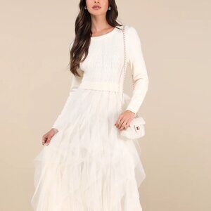 Ivory Cable Knit Ruffled Tulle Maxi Dress